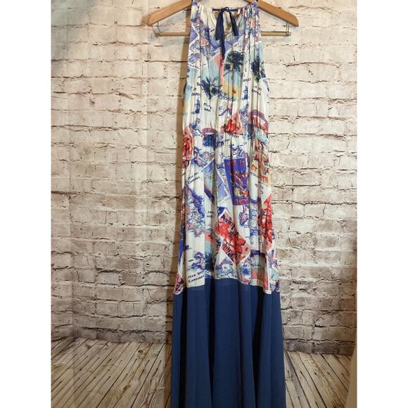 Peter Som Maxi Dress Womens Medium Blue Carribean Beach Scene Tie Back Halter - Picture 14 of 16